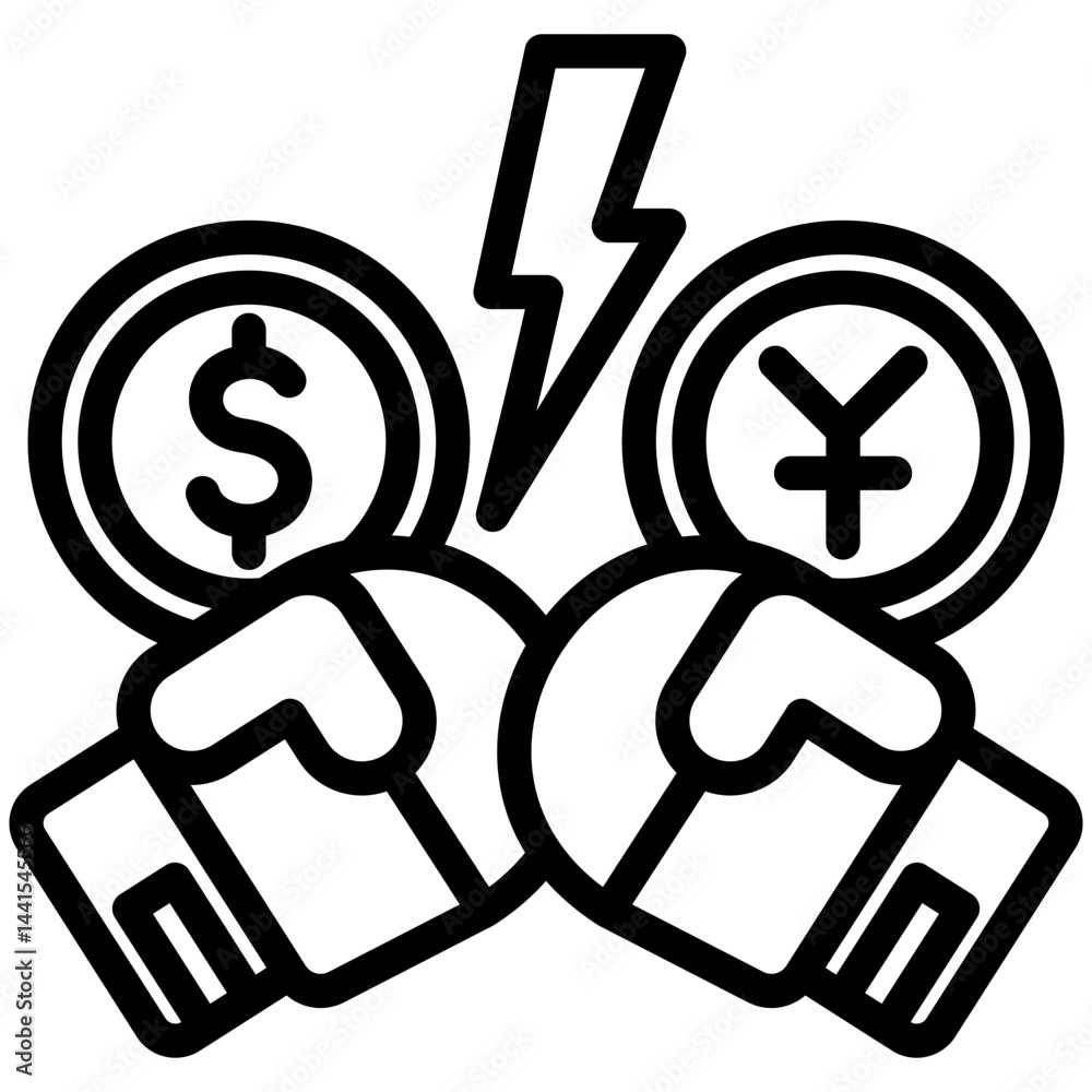 Fototapeta premium Trade War mini illustration black outline icon, use for trade wars, economy, business, finance, economic competition, UI, UX kit, app and web development, digital or print.