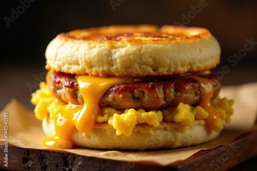 A savory breakfast sandwich featuring a golden-brown biscuit, a juicy patty, and a generous layer of melted cheese, all complemented by fluffy scrambled eggs.