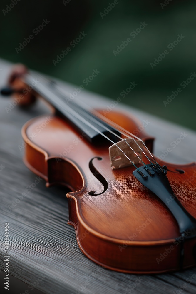 Fototapeta premium close-up of violin on wooden table captures elegance of classical music