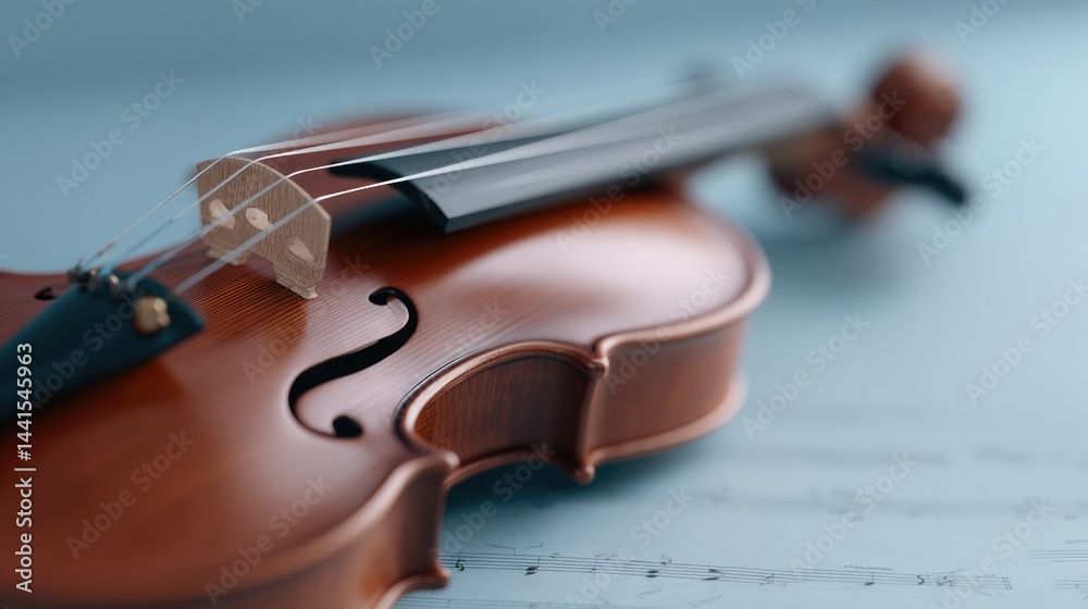 Fototapeta premium close-up of violin resting on serene sheet music with soft shadows illustrating classical elegance