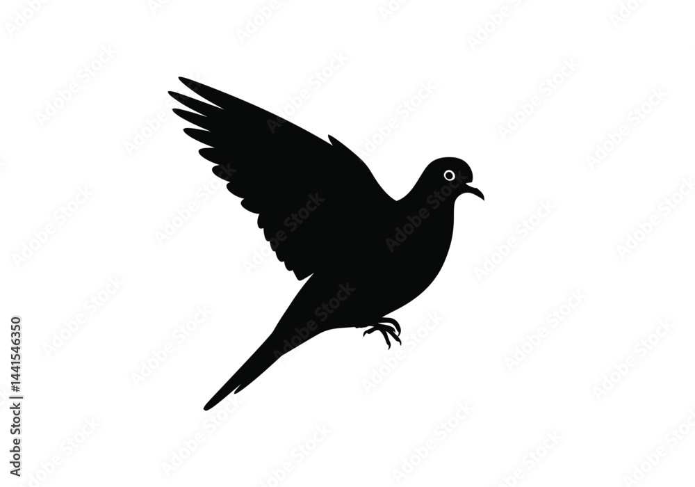 Mourning dove silhouette. This image shows a black silhouette of a mourning dove, also known as a pigeon, with detailed wings and a graceful flight posture. Vector clipart illustration design. Mourning dove silhouette. This image shows a black silhouette of a mourning dove, also known as a pigeon, with detailed wings and a graceful flight posture. Vector clipart illustration design.