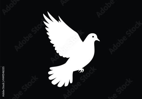 White dove silhouette. This image shows a white dove silhouette, also known as a pigeon outline, on a black background. Vector clipart illustration design.