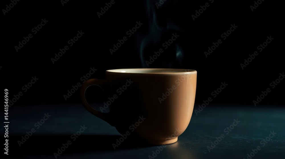 Warm beverage in simple mug depicted in high contrast, with rising vapor against black background. Warm beverage in simple mug depicted in high contrast, with rising vapor against black background.