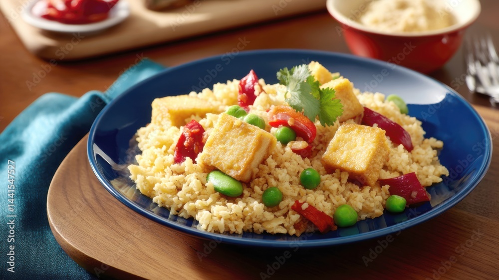 Healthy recipes, high fiber and grains. A vibrant plate of rice with tofu cubes, peas, red peppers, and fresh cilantro served on a blue dish. Healthy recipes, high fiber and grains. A vibrant plate of rice with tofu cubes, peas, red peppers, and fresh cilantro served on a blue dish.