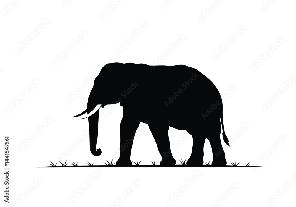 Fototapeta premium Elephant safari silhouette. This image shows a black silhouette of an elephant standing on grass, highlighting tusks and trunk, representing wildlife and nature. Vector clipart illustration design.