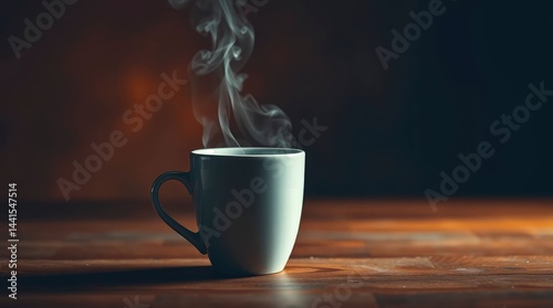 A steaming mug of hot beverage sits on a rustic wooden table, emitting delicate swirls of vapor