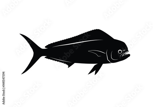 Mahi mahi fish silhouette. This image shows a black silhouette of a mahi-mahi fish, also known as dolphinfish or dorado, highlighting its sleek shape and fins. Vector clipart illustration design.