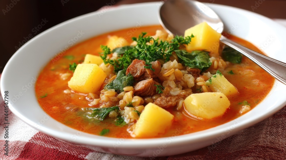 Healthy recipes, high fiber and grains bowl of vegetable and meat soup with potatoes, greens, and grains, garnished with fresh herbs, served in a white dish with a spoon. Healthy recipes, high fiber and grains bowl of vegetable and meat soup with potatoes, greens, and grains, garnished with fresh herbs, served in a white dish with a spoon.