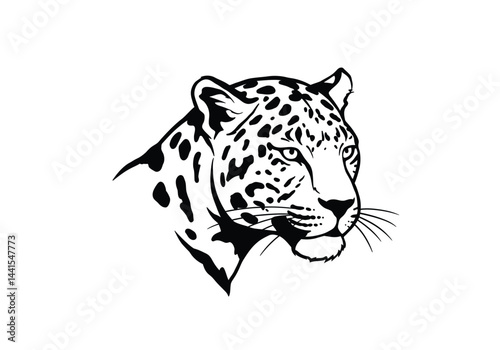 Leopard head silhouette. This image shows a detailed black and white vector illustration of a leopard's head with prominent spots and features. Vector clipart illustration design.