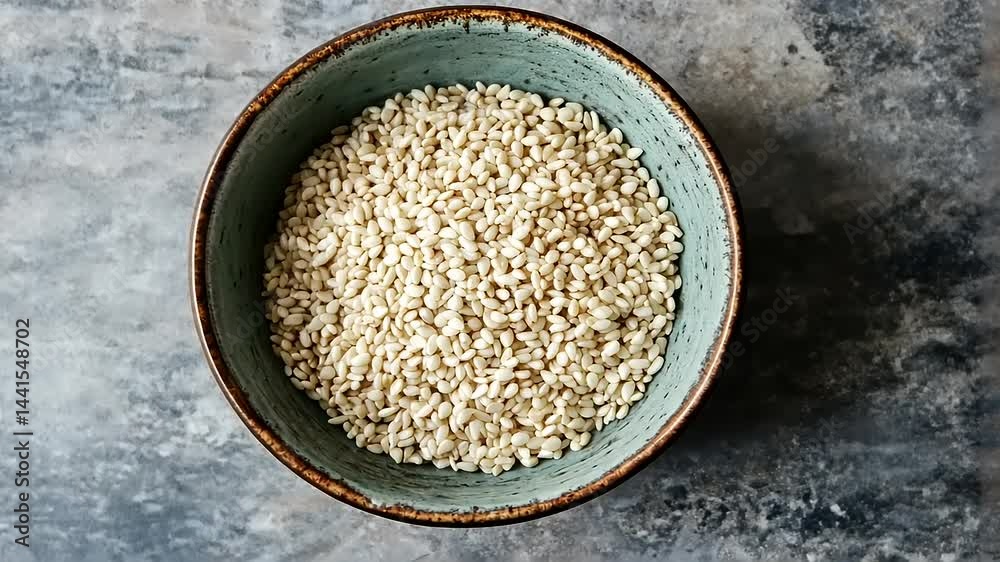 Overhead footage of a Bowl of Raw Sesame Seeds on a Textured Slate Surface