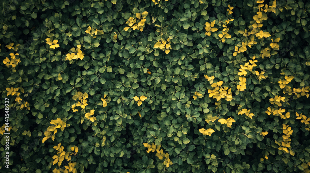 Obraz premium Lush green foliage adorned with vibrant yellow leaves creates stunning natural tapestry, evoking sense of tranquility and beauty in nature design