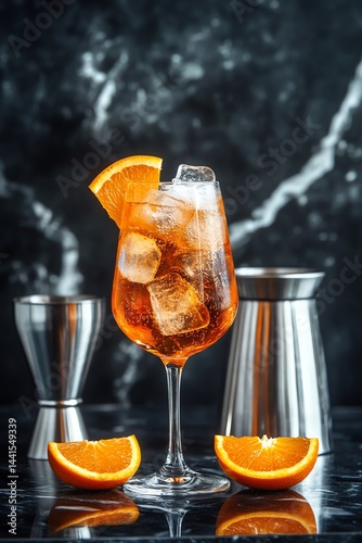 Refreshing Citrus Cocktail, Icy Cubes, Orange Garnish, Dark Background photo