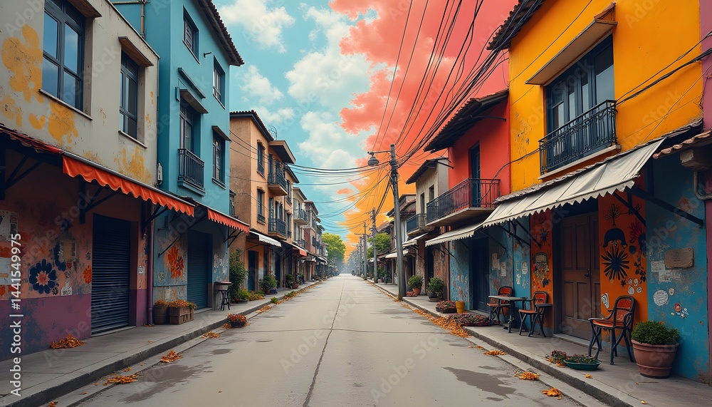 Fototapeta premium Colorful street scene photography of a vibrant town with buildings and sky for travel and design use