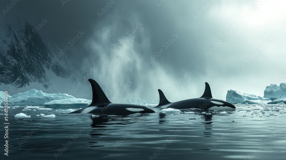 Fototapeta premium Orcas misty environment gray silhouette