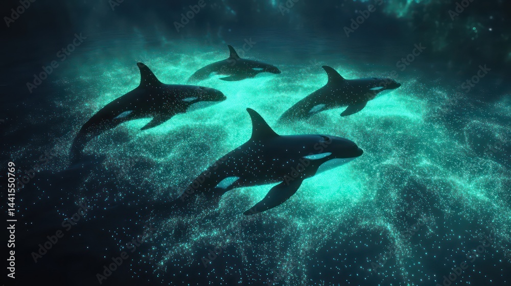 Naklejka premium Orcas ocean silhouettes
