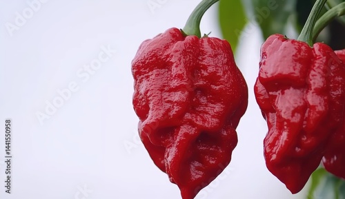 Red, bumpy peppers on vine