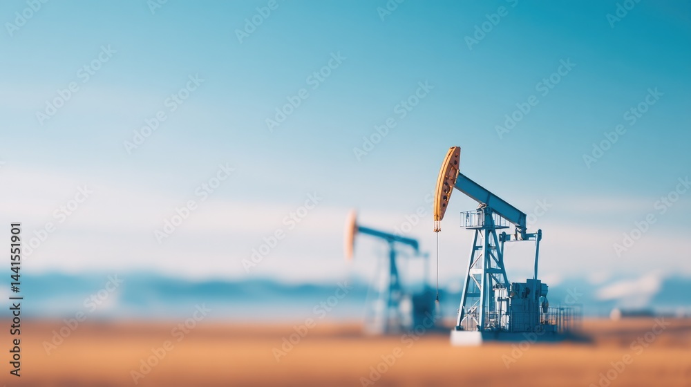 Fototapeta premium minimalistic capture of industrial oil pumps with blurred workers showcasing engineering innovations amidst vast landscapes