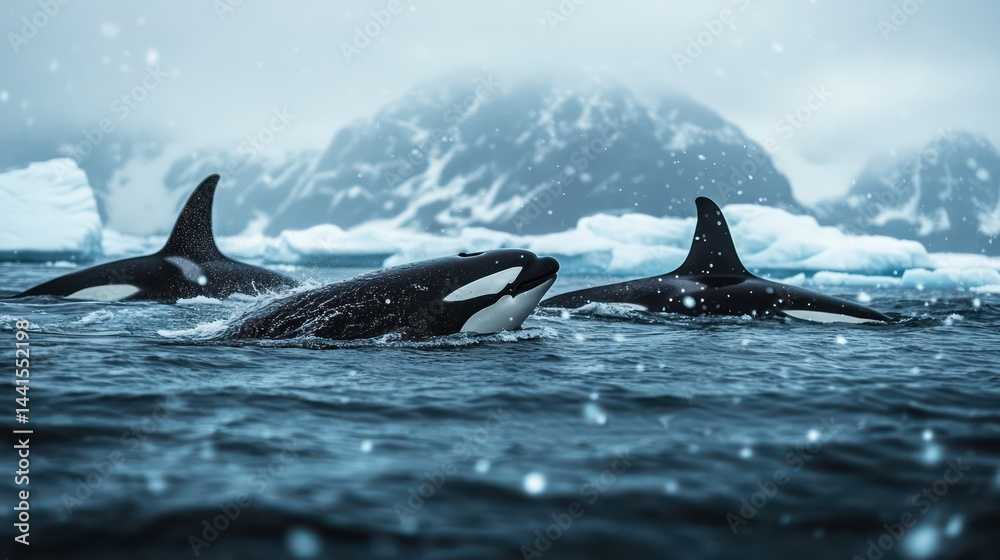 Fototapeta premium Orcas swimming in icy ocean