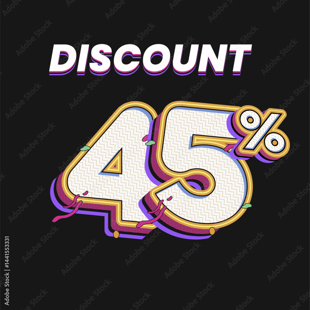 Fototapeta premium 45% Discount Typography Design with 3D Retro Comic Style on Dark Background for online shop promotions