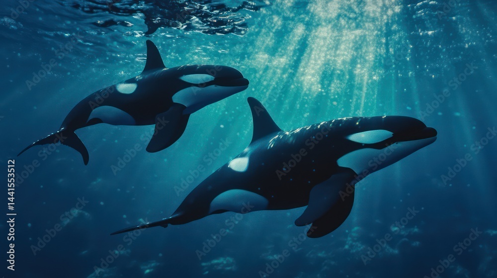 Orcas underwater swimming image Orcas underwater swimming image