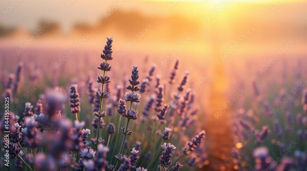 Obraz premium Sunlight bathes rows of lavender flowers in warm, hazy light, evoking peace and tranquility in the