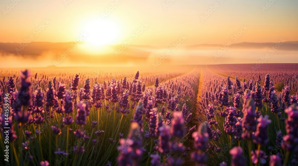 Naklejka premium Warm sunrise over lavender field, misty horizon and soft light creating peaceful, dreamy, floral