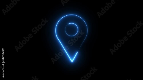 Abstract location glowing neon icon fast tracking map pin icon animation on black background.