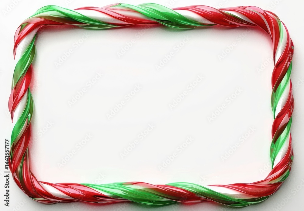 Fototapeta premium empty rectangular frame made of twisted red, green, and white candy canes on white background, festive and cheerful atmosphere
