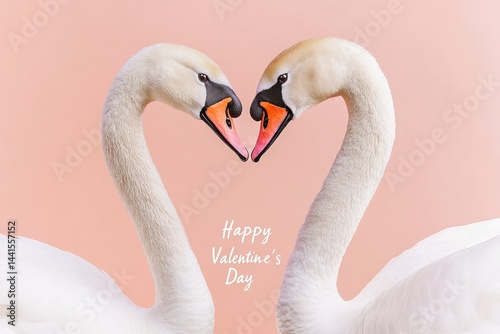 Two graceful swans form a heart shape with their necks against a peach background, celebrating Valentine's Day.