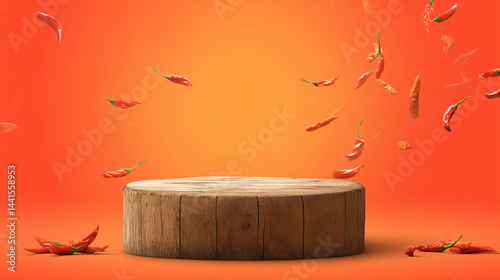 round podium made of rough wood is at the bottom of the frame, fresh red chilies are flying in dynamic directions from various sides, Ai generated images