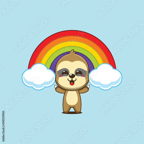 Cute sloth cartoon vector illustration with rainbow