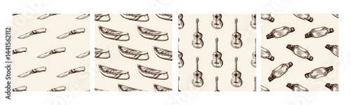 Hand drawn vintage seamless pattern set of rustic camping gear, including folding knives, canoes with paddles, coiled ropes and waist bags, outdoor exploration sketch collection