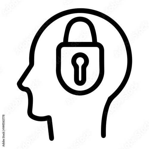 Locked padlock in mind (outline style). Secured thought, restricted idea, blocked concept, mental security, private thinking, inaccessible mind, confidential notion, protected thought, secret idea