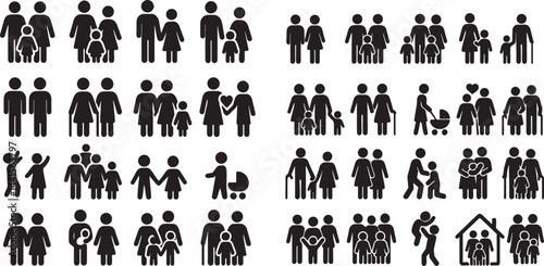 A collection of family icons showing parents, children, grandparents, and various family activities in simple black silhouettes, ideal for projects and designs.