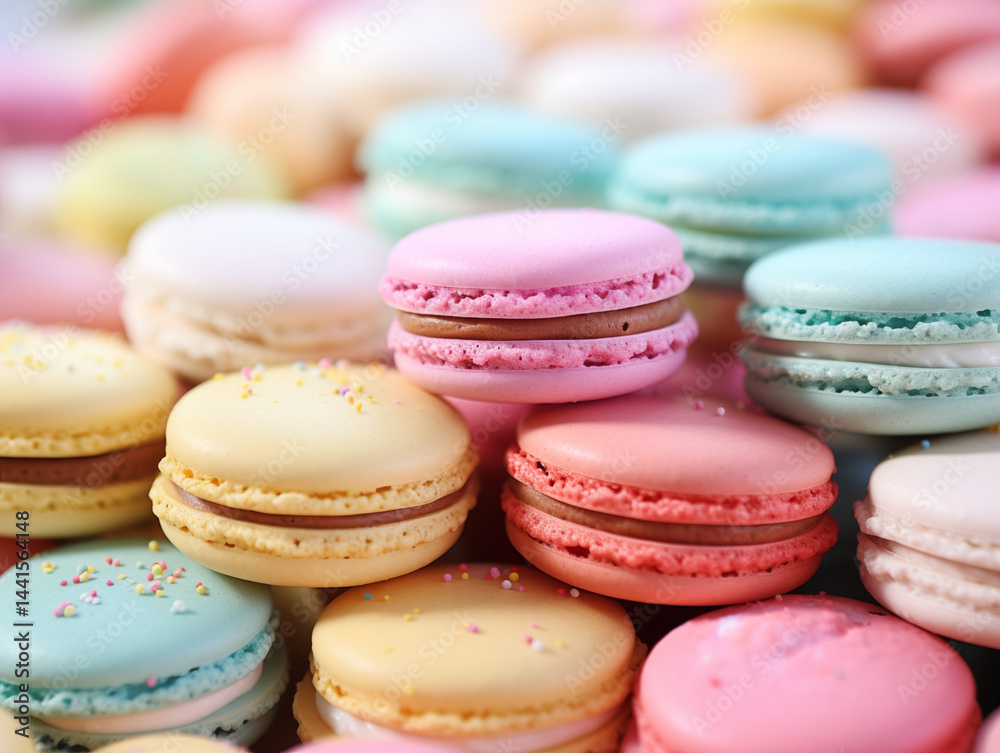 close-up view of various macarons, which are delicate French pastries known for their smooth, crisp shells and creamy fillings. The macarons in the image are arranged in a vibrant assortment