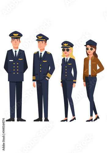 A colorful flat design set of four diverse pilots—two men, two women—wearing unique uniforms, standing confidently on a plain white background.