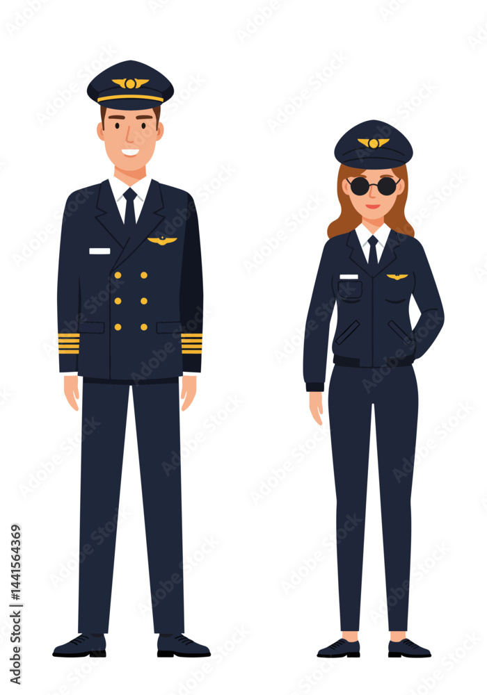 A colorful flat design set of four diverse pilots—two men, two women—wearing unique uniforms, standing confidently on a plain white background. A colorful flat design set of four diverse pilots—two men, two women—wearing unique uniforms, standing confidently on a plain white background.