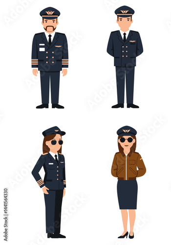 A colorful flat design set of four diverse pilots—two men, two women—wearing unique uniforms, standing confidently on a plain white background.