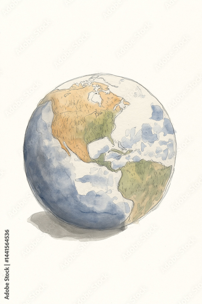 Fototapeta premium hand-drawn, watercolor illustration of the Earth. It features a globe with visible continents, including North America, South America, and parts of Asia.