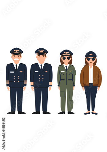 A colorful flat design set of four diverse pilots—two men, two women—wearing unique uniforms, standing confidently on a plain white background.