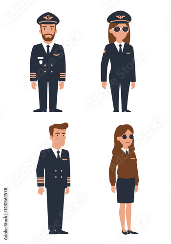 A colorful flat design set of four diverse pilots—two men, two women—wearing unique uniforms, standing confidently on a plain white background.