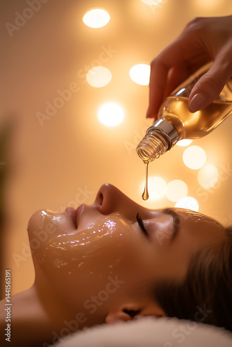 A woman lies on her back wearing a face mask while an aesthetician pours facial serum above her. Soft lighting and warm tones create a relaxing spa atmosphere.