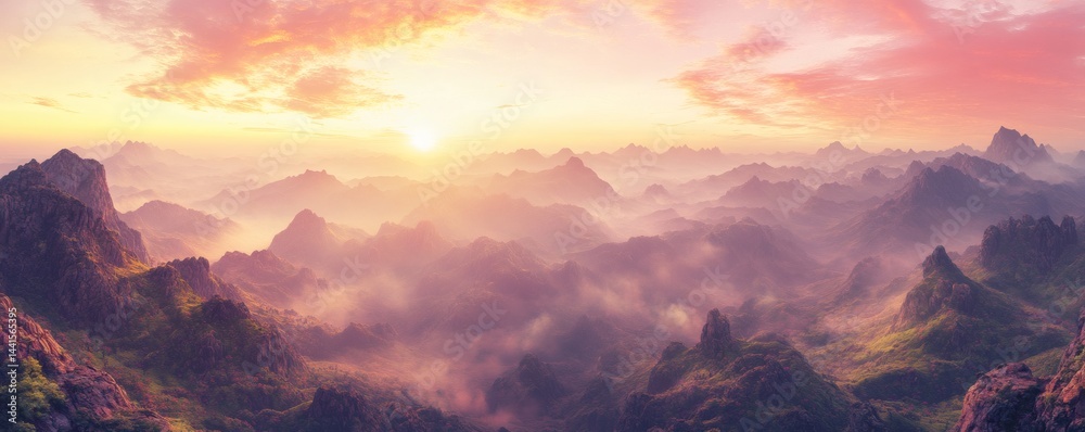 Panoramic view of mountain ranges at sunrise. Panoramic view of mountain ranges at sunrise.