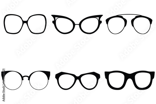 Collection of various black eyeglass frames and spectacles isolated on white background, showcasing different styles and shapes for vision correction or fashion