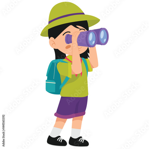 Kids Adventure Illustration. Vector illustration of Girl Exploring with Binoculars. Isolated on background
