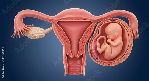 Detailed 3D Model of a Female Reproductive System with a Fetus in Utero: Anatomy of Pregnancy and Fetal Development