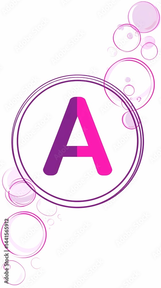 Fototapeta premium Pink Purple Letter A Circle with Bubbles on a White Background, Playful Design