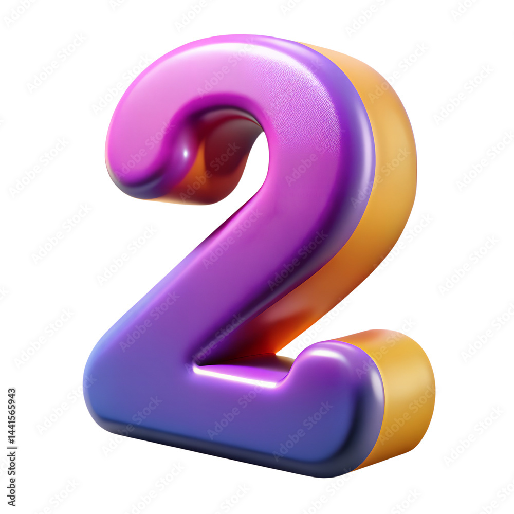 Naklejka premium Shiny 3d number two with purple and gold gradient isolated on a background with modern style