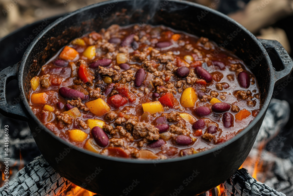 Pot of chili and beef stew bubbling on campfire. Pot of chili and beef stew bubbling on campfire.