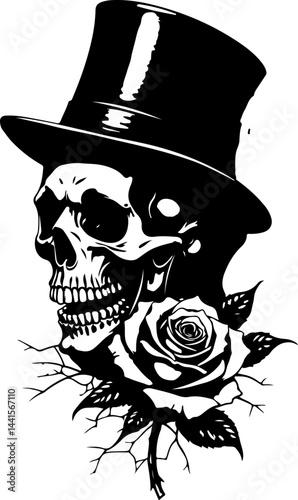 Gentleman Skull with Top Hat and Roses vector